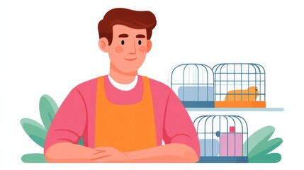 Cheerful Young Man in Apron Managing a Pet Shop Surrounded by Animal Cages and Greenery Background