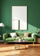 Stylish living room interior with mockup poster frames green sofa and decor on the wooden floor green wall background modern minimalist interior design 3d illustration Empty room interior design