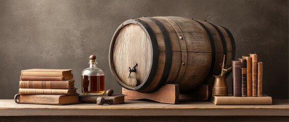 An old wooden barrel on the table against a dark background, with ample space for product display and presentation in a bar or pub setting.