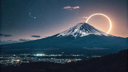 Majestic snow capped mountain peak illuminated by a glowing ring under a starry night sky above a city