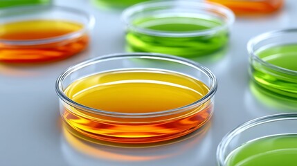 Colorful Petri Dishes with Vibrant Bacteria Cultures in Orange Yellow and Green Hues on Reflective Surface