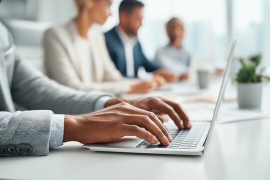 Close-up of hands typing on a laptop keyboard, with blurred business people in the background working together in an office setting.