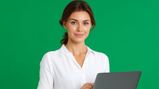Confident Teacher Holding Laptop Against a Green Background Ready for Learning Sessions