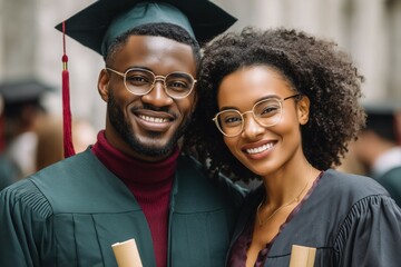 A young Black man and woman hugging at graduation, holding their diplomas outdoors.