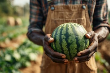 Close-up of a Black farmer holding a watermelon in his hands, standing on a farm background.
