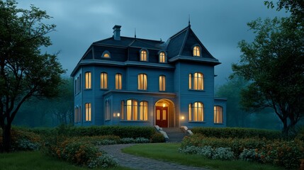 Elegant Victorian Mansion Illuminated at Dusk Surrounded by Lush Greenery and Vibrant Flowers