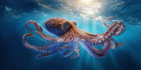 A majestic octopus gracefully swimming in the deep blue ocean, its tentacles outstretched and eyes glowing with curiosity.