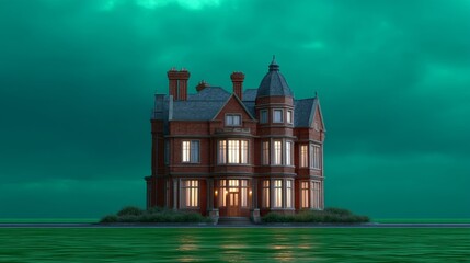 Elegant Victorian Mansion Surrounded By Reflective Water Under Dramatic Green Sky