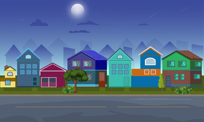 Village at night, bright moon and shooting stars