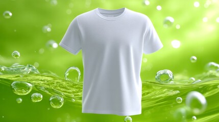Floating White Cotton T-Shirt Surrounded by Water Droplets on a Vibrant Green Background
