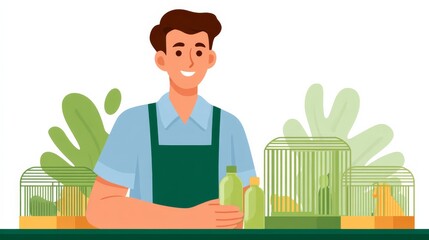 Friendly Man Managing a Pet Shop with Cages and Greenery in a Welcoming Atmosphere