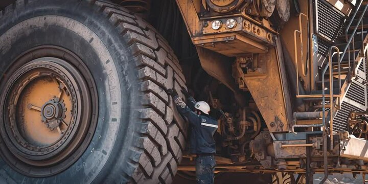 Mining Truck Maintenance with Worker Near Giant Tire