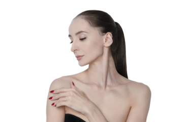 Beauty portrait of an adult woman with clear skin and soft makeup. a woman looks into the lens stroking her shoulder, smears the cream, isolated object on transparent background, png