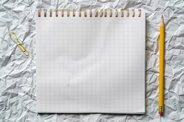 Back to school concept with notepad, pencil, and crumpled paper for academic inspiration. Top view. Horizontal banner. Copy space. Knowledge Day. Mockup, template for school, university, business