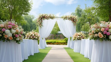 Beautiful Garden Wedding Ceremony Setup With Floral Arrangements and White Drapes Under a Blue Sky