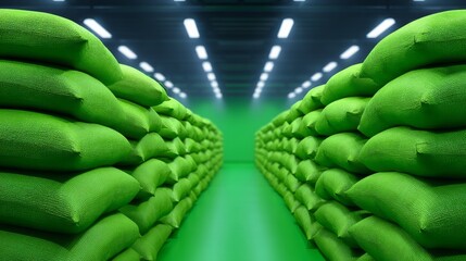 Interior Warehouse Storage of Neatly Stacked Green Bags in a Brightly Lit Corridor