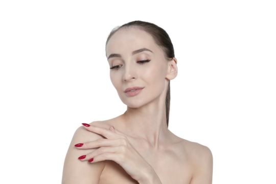 Beauty portrait of an adult woman with clear skin and soft makeup. a woman looks into the lens stroking her shoulder, smears the cream, isolated object on transparent background, png