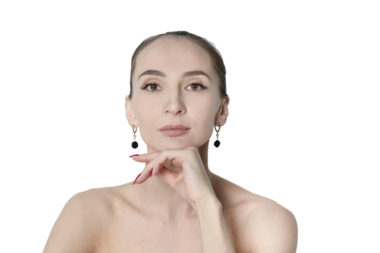 Beauty portrait of an adult woman with clear skin and soft makeup. A woman looks into the lens with her head in her hands, isolated object on transparent background, png
