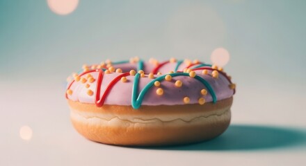 Doughnut with colorful icing sprinkles on pastel background