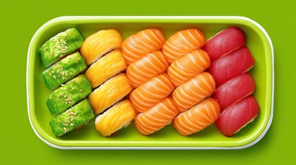 Colorful Assortment of Sushi on a Green Tray Showcasing Fresh Ingredients and Artful Presentation