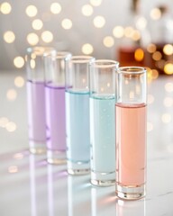 A row of tall clear glasses filled with colorful liquids and bokeh lights in the background