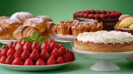 Colorful Dessert Buffet Featuring Assorted Cakes and Fresh Strawberries on Green Background
