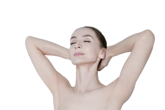Beauty portrait of an adult woman with clear skin and soft makeup. a woman poses with her hands behind her head, isolated object on transparent background, png