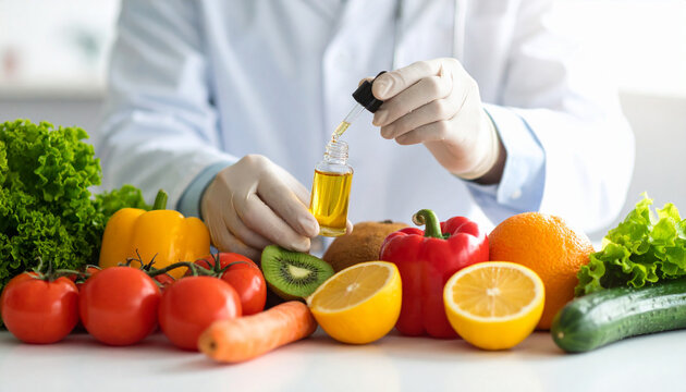 Scientist Analyzing Natural Extracts with Fresh Produce