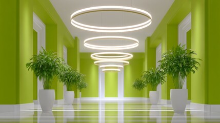 Contemporary Luxury Condominium Lobby Featuring Green Walls and Circular Light Fixtures