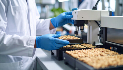 Laboratory technician analyzing grain samples with microscope in modern laboratory
