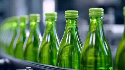 Conveyor Belt Filled With Green Plastic Bottles in Manufacturing Factory Environment