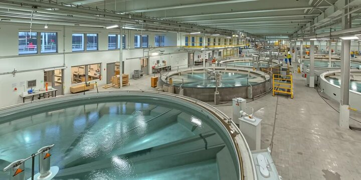 Indoor Aquaculture Facility with Circular Fish Farming Tanks