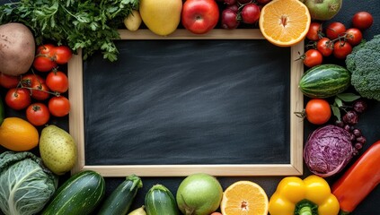Blackboard with Fresh Fruits and Vegetables from Above