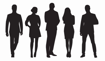 Business men and women, group of people at work. Isolated vector silhouettes 