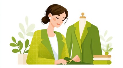 Designer Working with Green Fabrics and Sewing Tools Surrounded by Plants at a Creative Workspace