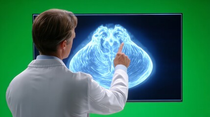 Doctor in White Coat Pointing at Glowing Ultrasound Image on Screen in Clinical Setting with Green Background