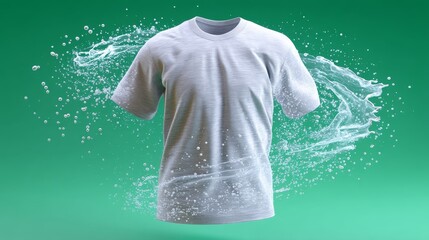 Dynamic Gray Workout T-Shirt Displayed with Water Splashes on a Vibrant Green Background