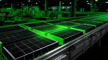 Factory Assembly Line Producing Solar Batteries with Green LED Lighting