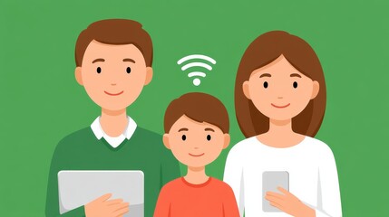 Family Engaging in a Video Call Using Tablets with Joyful Expressions Against a Green Background