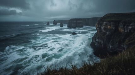 Fototapeta premium Dramatic coastal landscape featuring rugged cliffs sea stacks and turbulent ocean waters under a moody overcast sky capturing nature's raw power.