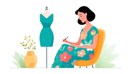 Female Designer Sketching Dress in Colorful Workspace with Dress Form and Plants Nearby