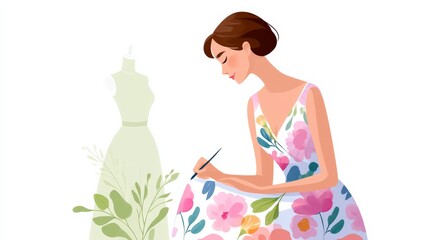 Female Fashion Designer Sketching Floral Dress Design at Her Creative Workspace