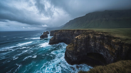 Dramatic coastal landscape of rugged cliffs and turbulent ocean under a moody sky