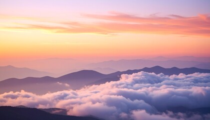 Obraz premium Sunset-inspired abstract cloud forms, layers of apricot, blush, and purple haze blending smoothly across the landscape