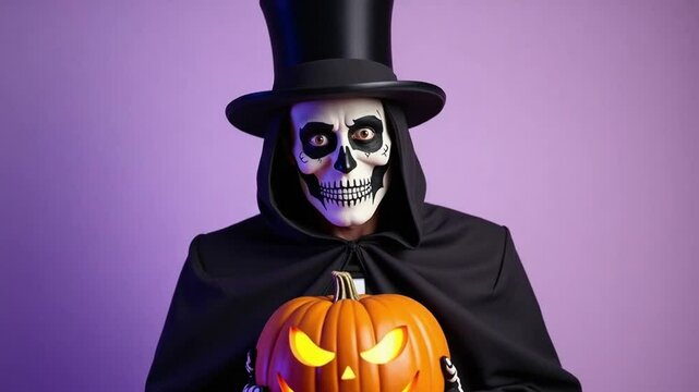 Man in Top Hat with Skull Face Holding Jack-O&rsquo;-Lantern
