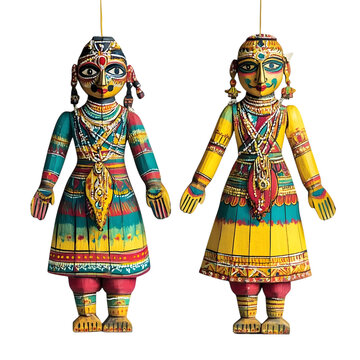 Two colorful traditional indian kathputli puppets displayed isolated on white background