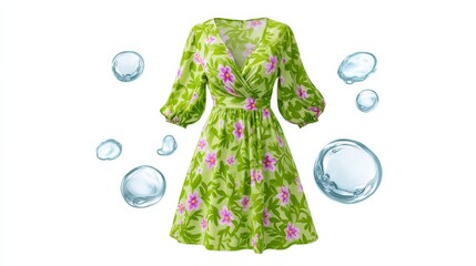Floral Summer Dress in Vibrant Green with Pink Flowers and Bubbles for Warm Weather