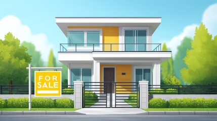 Modern Yellow and White House With For Sale Sign Surrounded by Lush Greenery and Clear Blue Sky