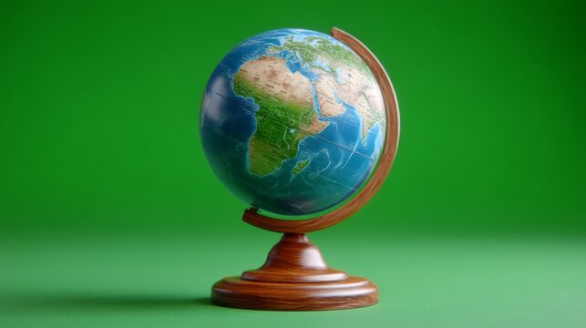 Globe Spinning on Wooden Stand Against a Vibrant Green Background Showing Continents and Oceans