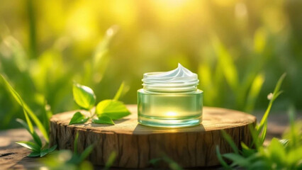 Green glass jar for facecream on wooden podest. 